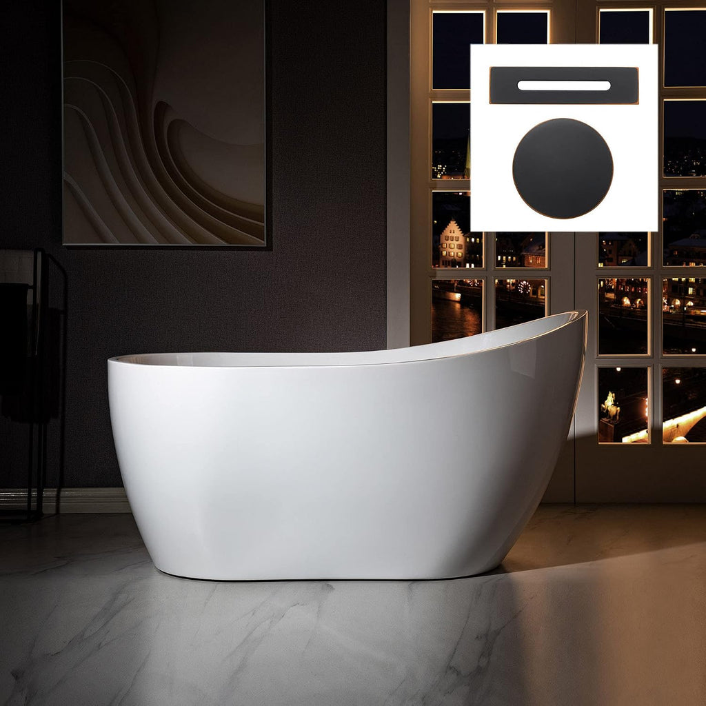 WOODBRIDGE 54' Acrylic Freestanding Bathtub Contemporary Soaking White Tub with Oil Rubbed Bronze Overflow and Drain，BTA1507 -ORB-Drain &O