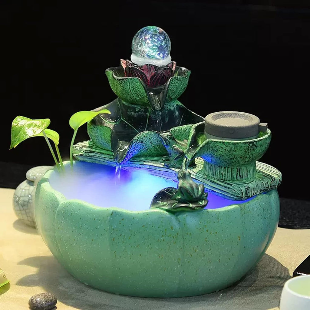 Desktop Fountain Tabletop Water Fountain with Rotating Ball and Pump Lotus Flower Leaf Cascading Waterfall Design Indoor for Office Home Décor, Green(Large)