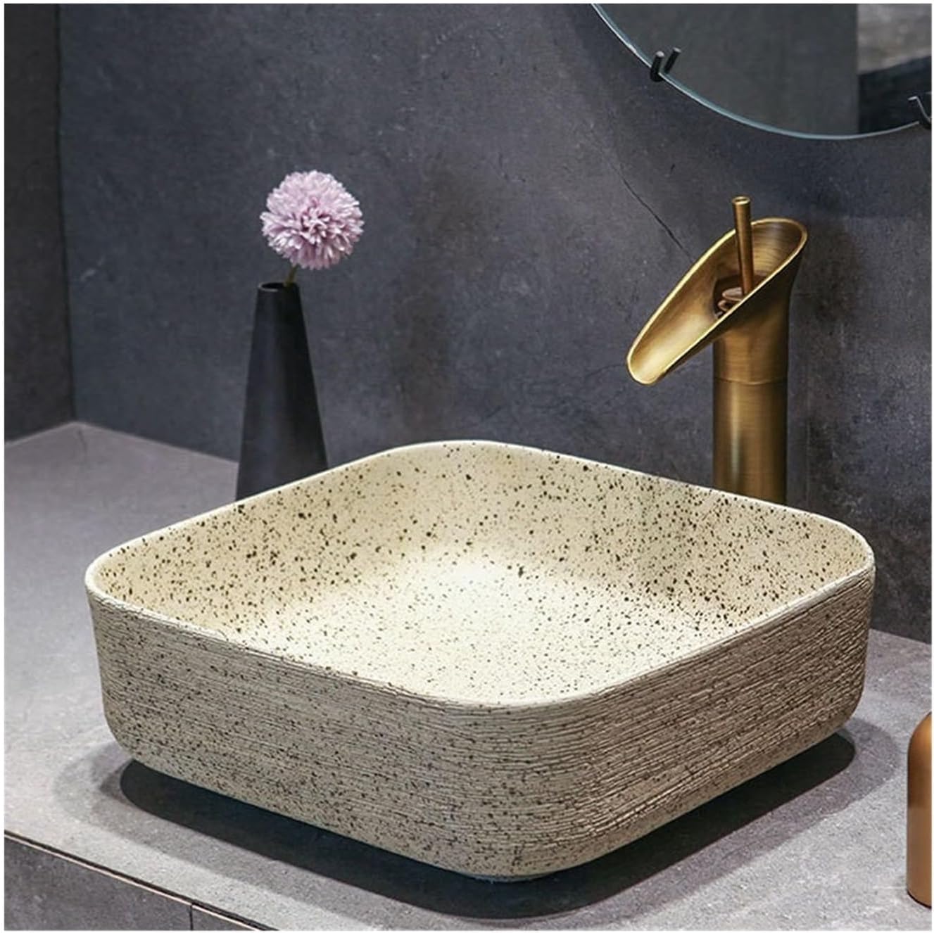 Bathroom Vessel Sink Vintage Ceramic Washbasin Antique Bathroom Sinks Carved Lines Art Countertop Basin with Accessories Bathroom Sink