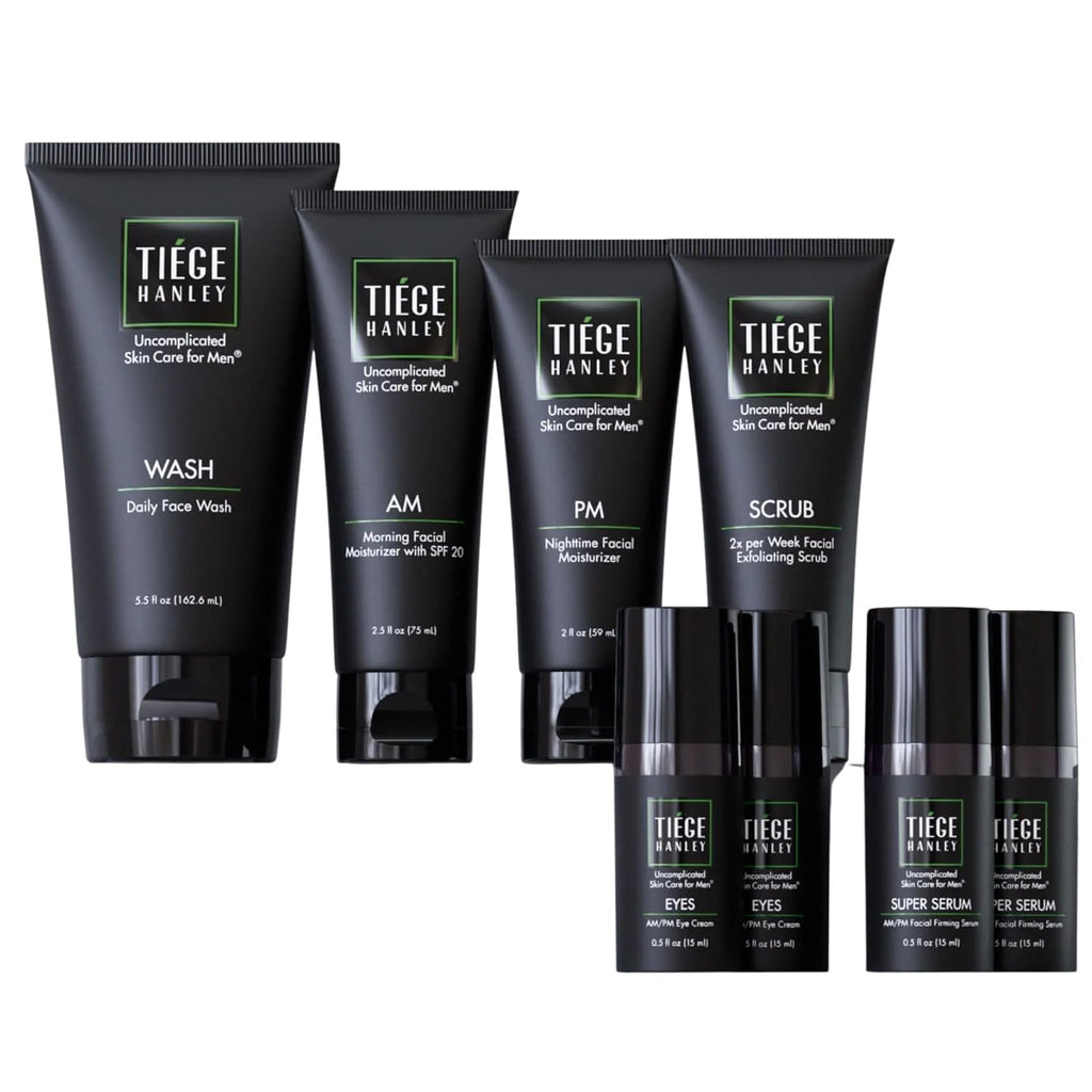 Tiege Hanley 90 Day Large Skin Care Set for Men, Anti Aging Routine, System Level 3, Daily Face Wash, Facial Scrub, Two Moisturizers, Eye Cream, and Serum for Healthy, Hydrated Skin, Men's Skin Care