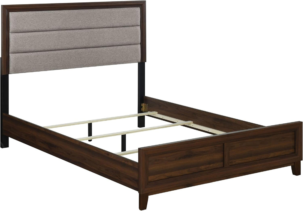 Benzara Yels 4 Piece Queen Bedroom Set, Gray Upholstery, Walnut Brown Wood