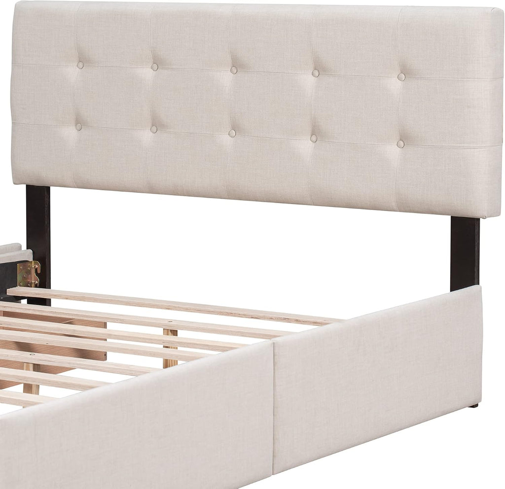Merax Queen Size Beige Linen Fabric Upholstered Platform Bed with 4 Storage Drawers and Classic Headboard, No Box Spring Needed