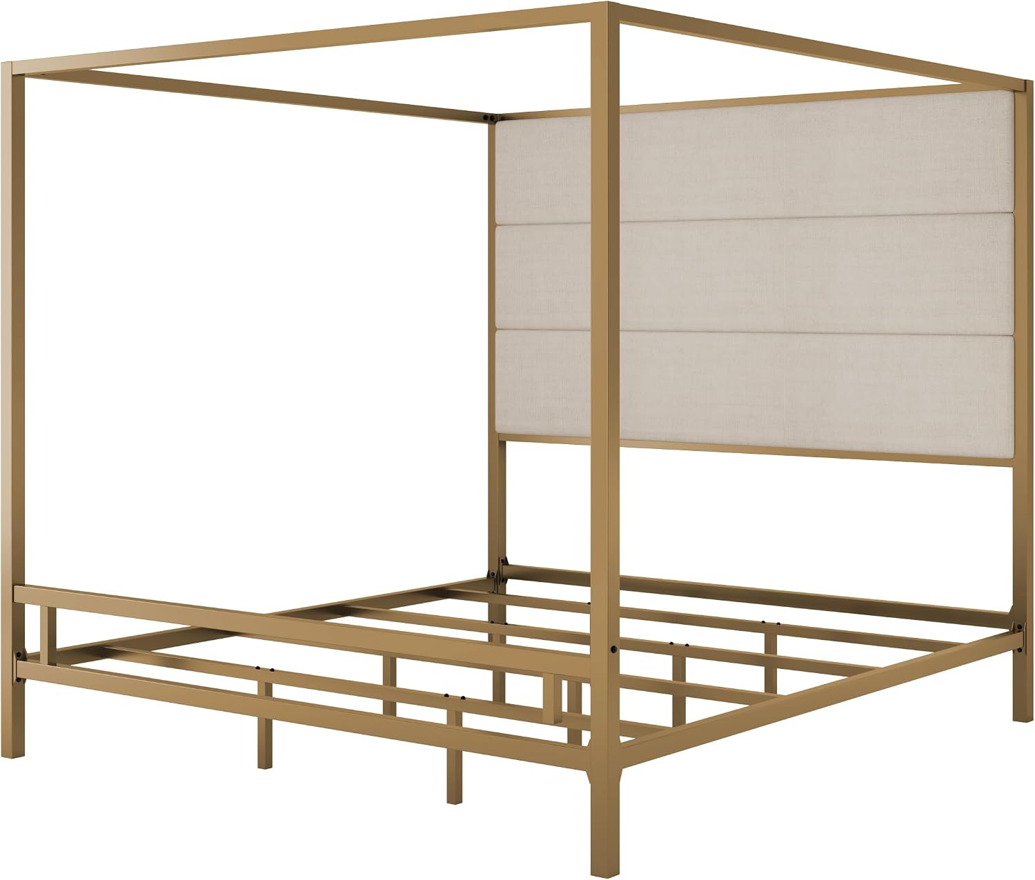 King Size Metal Canopy Bed Frame, Canopy Bed with Tall Linen Fabric Upholstered Headboard, Box Spring Needed, Gold+Tan