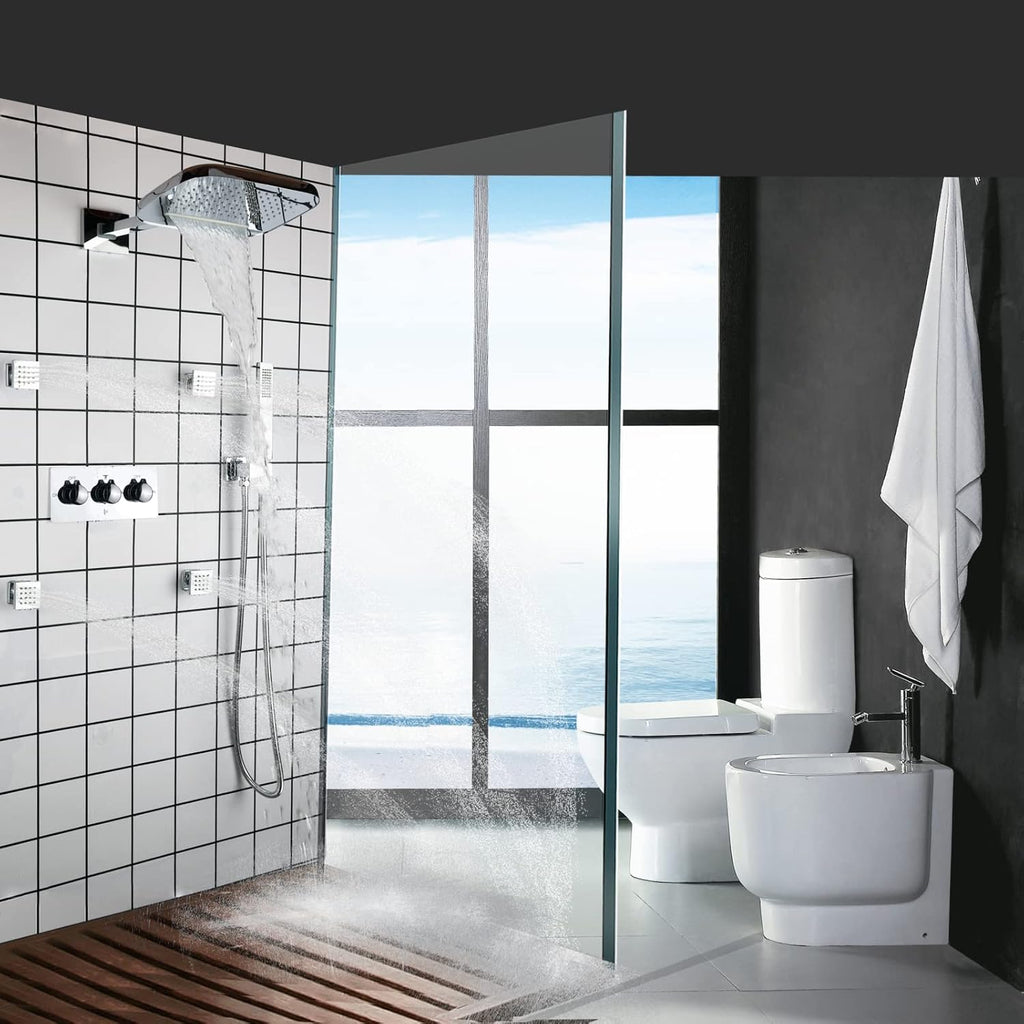 Chrome Polished Waterfall Rain Shower Head System Wall Mounted Brass Hotel Shower and Handheld Sprays Massage Spa Body Combo Set