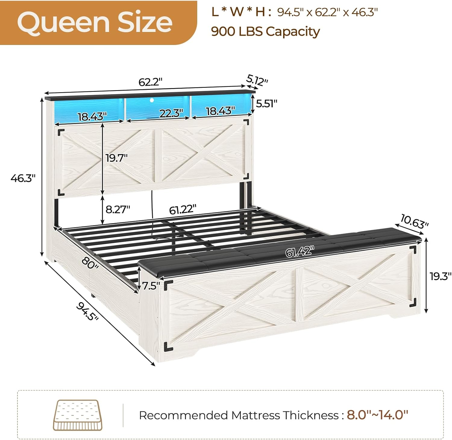 DICTAC Farmhouse Queen Bed Frame with Storage Headboard, Charging Station and LED Lights Wood Platform Bed Frame Queen Size with Storage Ottoman,Metal Slats Support,No Box Spring Needed, Antique White
