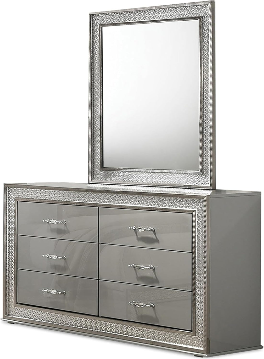 Furniture of America Santte Glam Solid Wood 5-Piece Bedroom Set with 7-Ray Headboard and Rectangle Mirror, Backlit LED, Metallic Scale Molding Trim, No Box Spring Needed, King, Metallic Gray