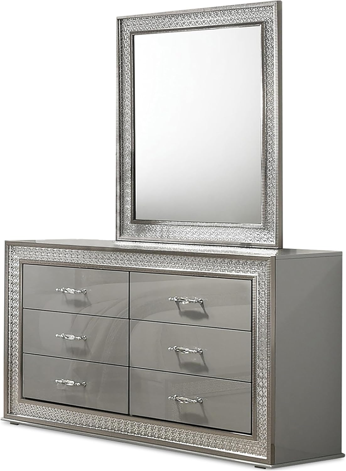 Furniture of America Santte Glam Solid Wood 5-Piece Bedroom Set with 7-Ray Headboard and Rectangle Mirror, Backlit LED, Metallic Scale Molding Trim, No Box Spring Needed, Queen, Metallic Gray