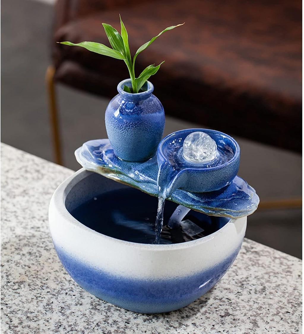 Desktop Fountain Indoor Tabletop Fountain Ceramic for and Home Decoration, Blue and White Gradient Color