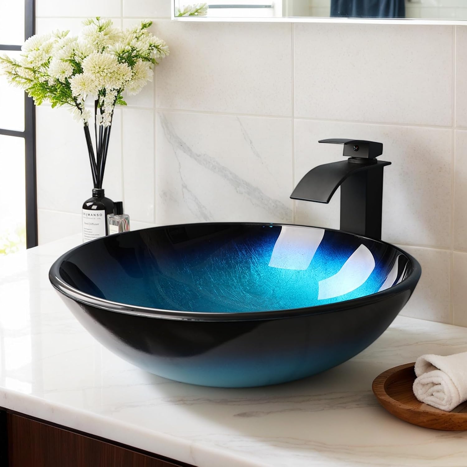 Blue Bathroom Sinks Balck Glass Vessel Sinks for Bathroom Countertop Round Vanity Sink Bowl Combos Black Mixer Faucet and Drain Set Glass Basin Bowl for Bathrooms Large