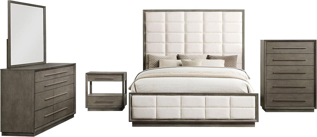 Coaster Home Furnishings Durango Transitional 5-Piece Bedroom Set Boucle Upholstered Eastern King Size Panel Bed Frame 80-inch Headboard Washed Oak 223271KE-S5
