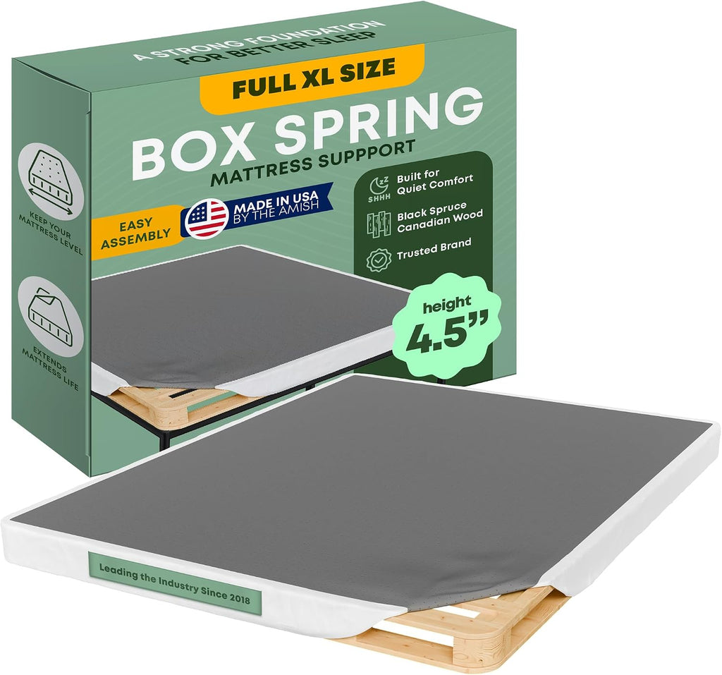Greaton, 4.5' Full XL Box Spring for Full XL Size Bed – Amish-Made in the USA – Solid Wood Mattress Foundation with Stable & Quiet Support – Flat-Packed & Easy Assembly – White