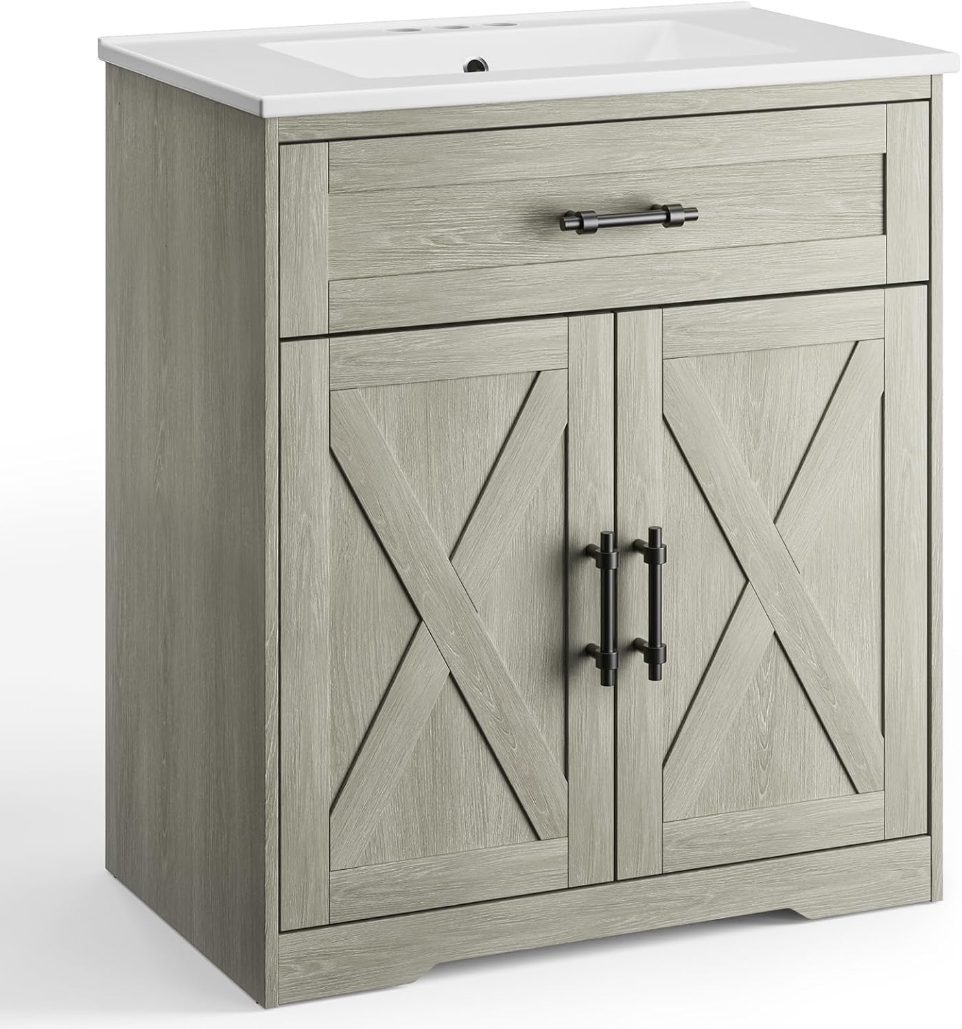 Amada 30″ Bathroom Vanity with Ceramic Sink, Farmhouse Undermount Vanity Sink Cabinet with 2 Doors and 1 Drawer, Free Standing Bathroom Cabinet with Sink Combo Set, Grey