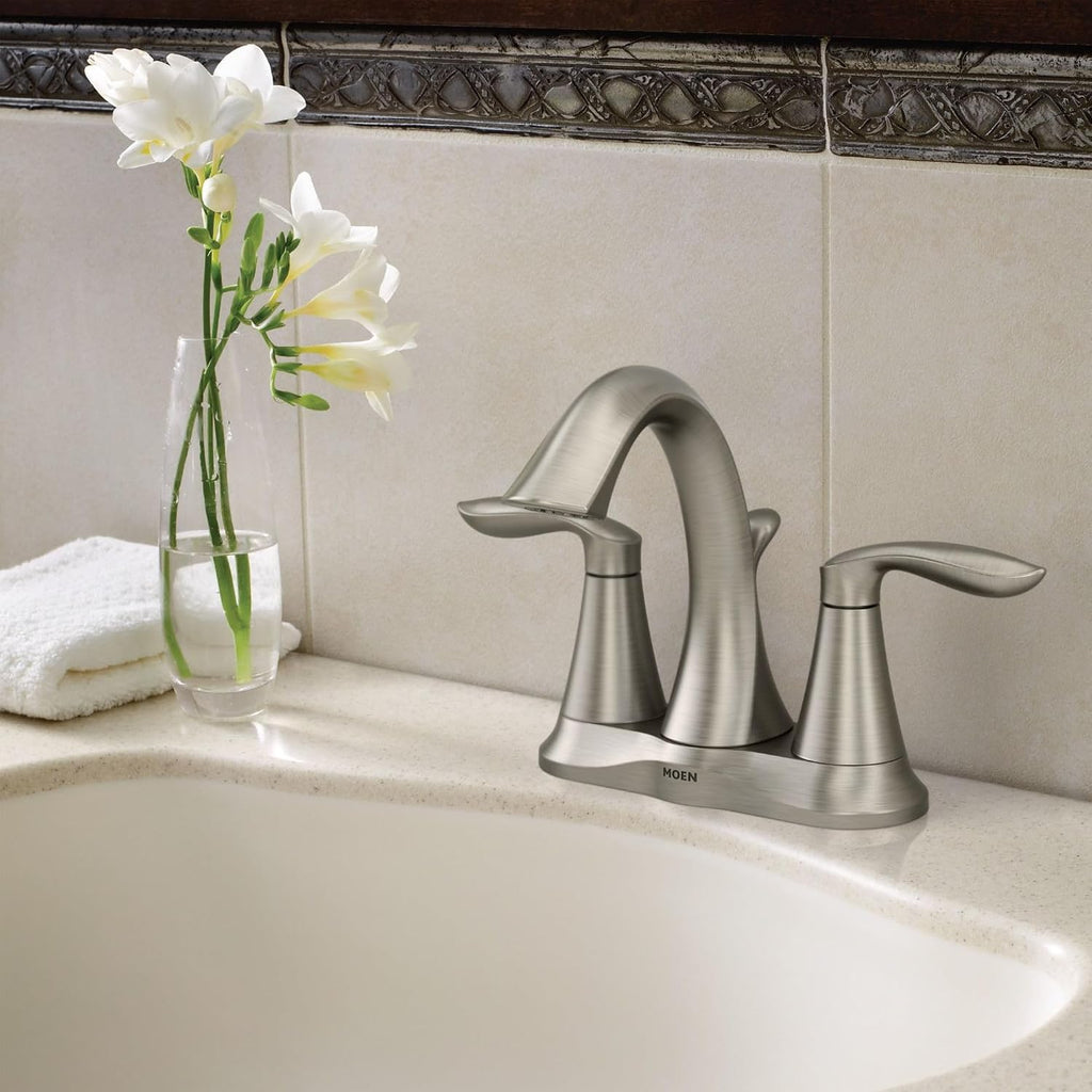 Moen Eva Brushed Nickel Two-Handle 4-Inch Centerset Bathroom Faucet with Drain Assembly, Bathroom Faucets for Sink 3-Hole, 6410BN