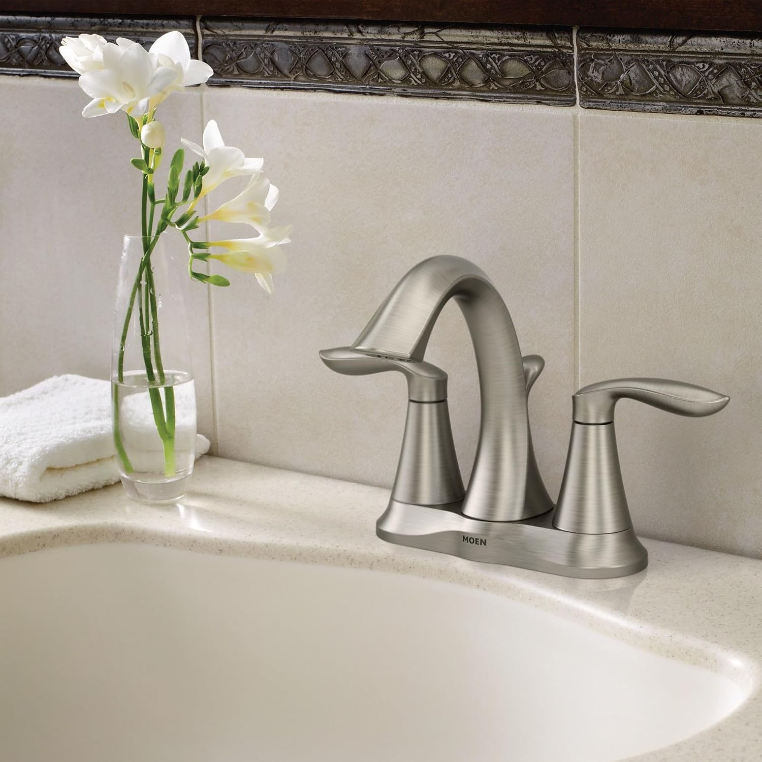 Moen Eva Brushed Nickel Two-Handle 4-Inch Centerset Bathroom Faucet with Drain Assembly, Bathroom Faucets for Sink 3-Hole, 6410BN