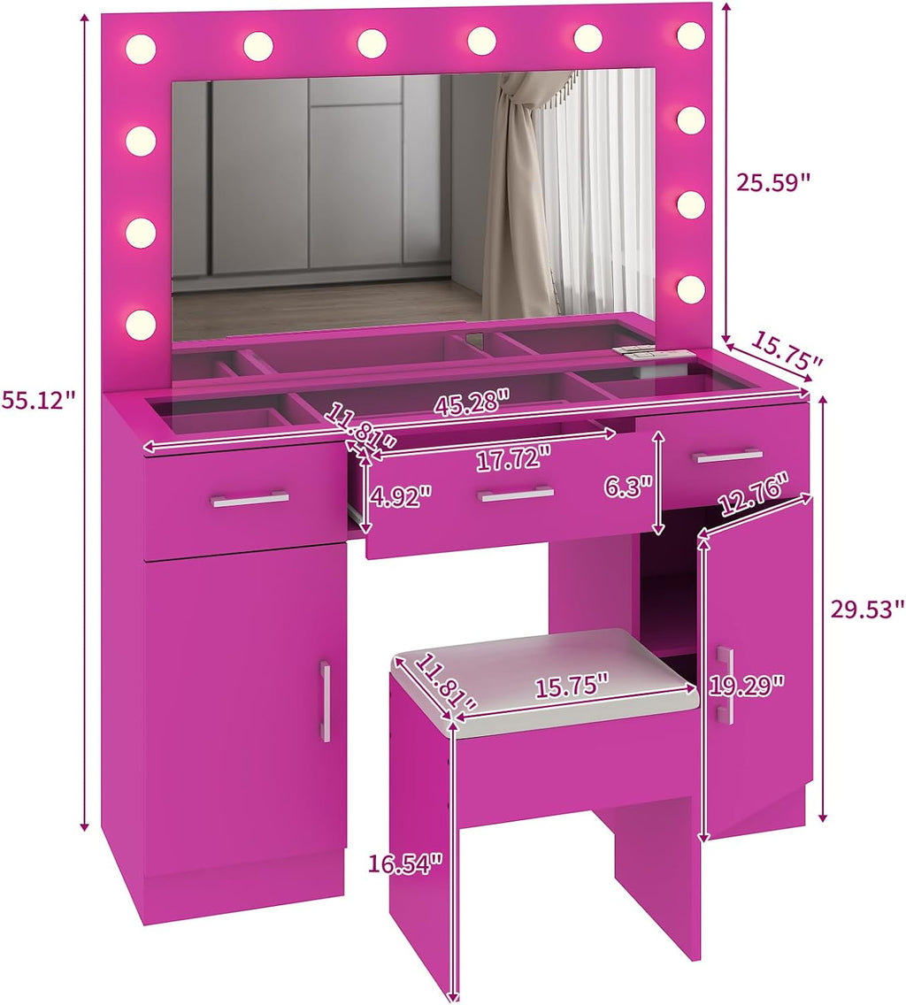 VINGLI Vanity Desk with LED Lighted Mirror & Padded Stool, Makeup Table with Drawers & Cabinets & Power Outlet & Glass Top & 12 Light Bulbs with 3 Colors for Dressing Room Bedroom, Bright Pink