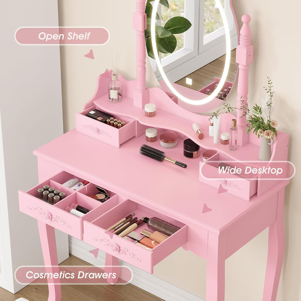Vanity Desk with Mirror and Lights, Modern Vanity Makeup Table and Cushioned Stool Set with 4 Drawers, 3 Color Lighting Modes with Adjustable Brightness, Dressing Table Set for Bedroom (Pink Vanity)