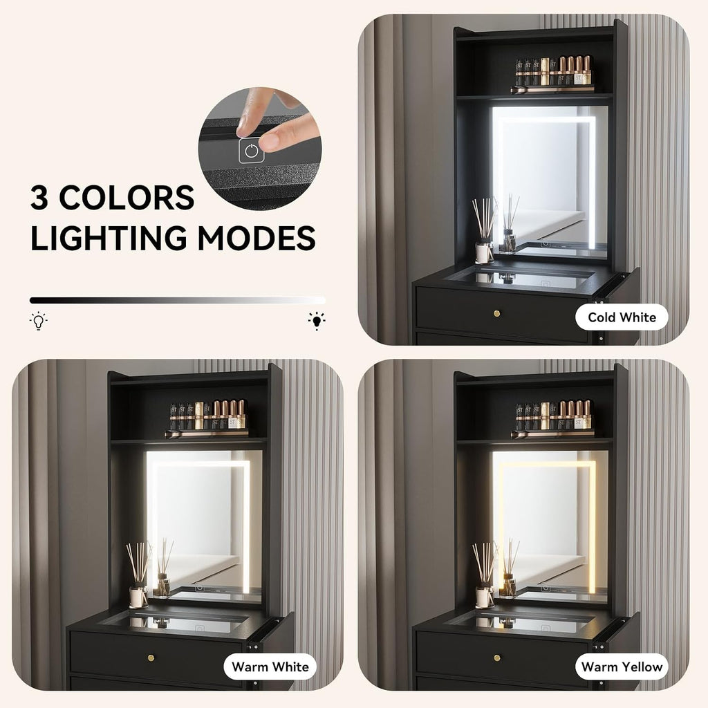 ARTETHYS Small Vanity Desk Set with 3 Adjustable Lighted Mirror and Storage Chair Mini Black Makeup Vanities Set for Bedroom Compact Make up Dressing Table with Fold-up Panel for Tiny Space