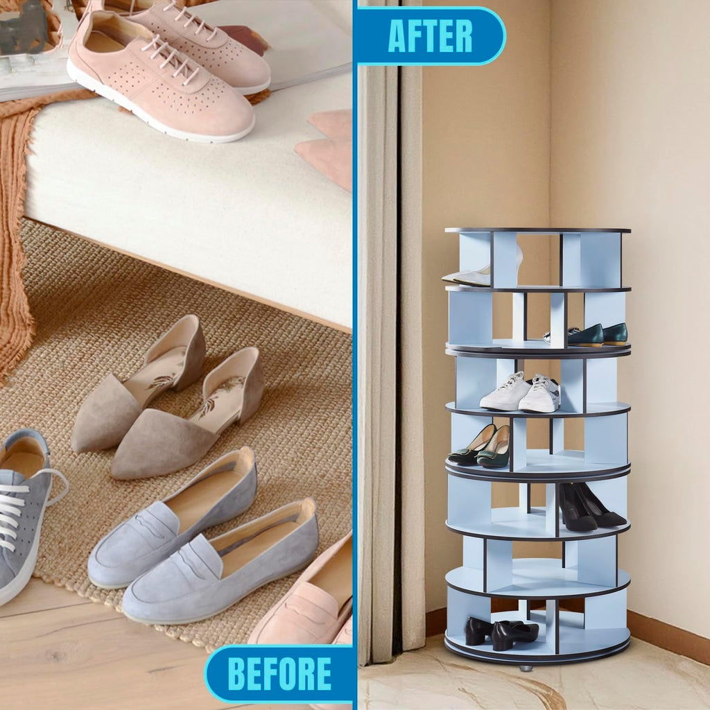 Kings Brand Furniture - 7-Tier Rotating Shoe Rack, 360° Revolving Lazy Susan Spinning Shoe Rack Tower Storage Organizer for Closet Entryway Bedroom Hallway, Blue