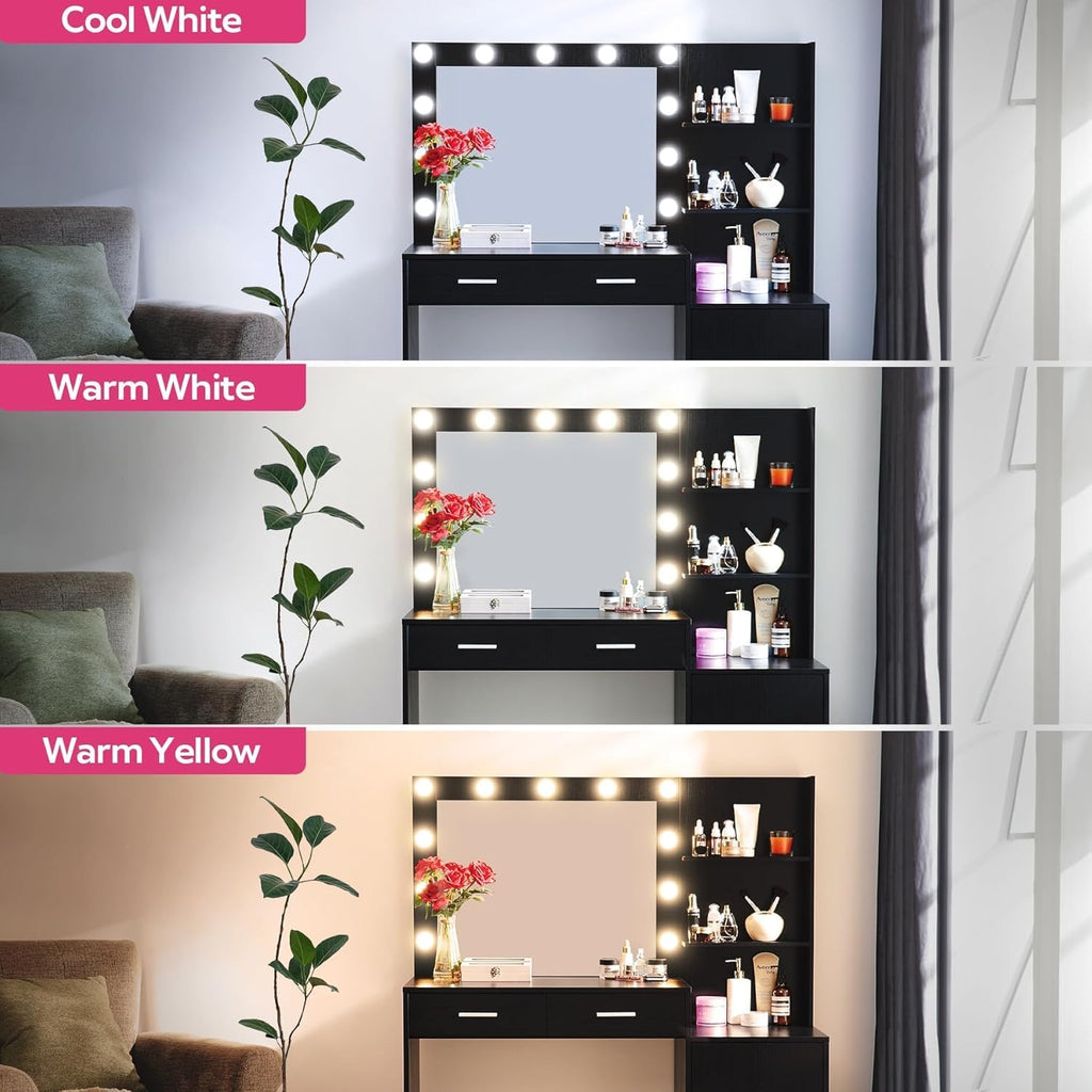 Palimder Vanity Desk with Lamp Bulb Mirror Drawers,Vanity Storage Bench,Makeup Vanities Table for Bedroom