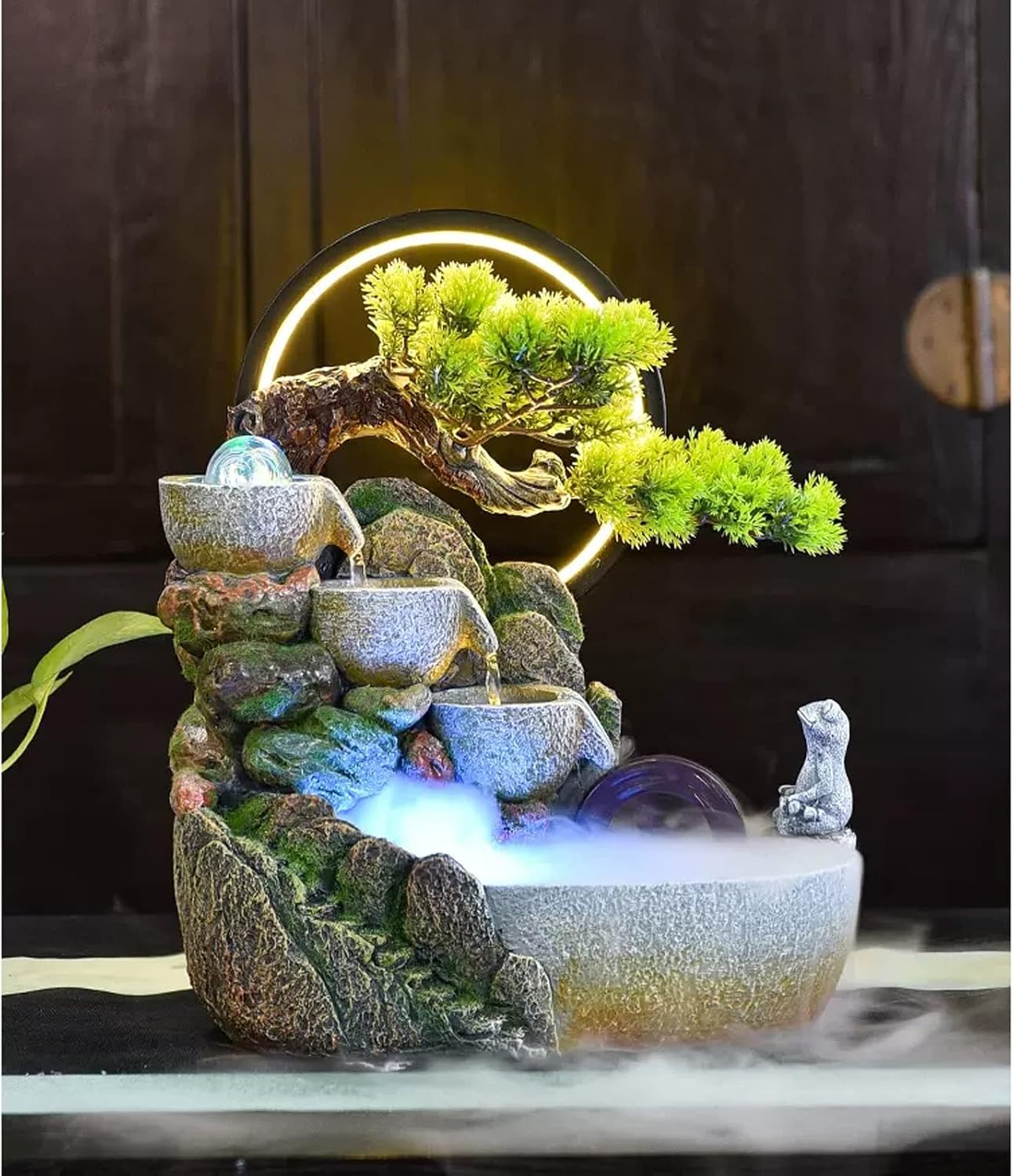 Tabletop Fountain Indoor Relaxation Desktop Fountain Waterfall, Zen Meditation Feature with Pump and Water Mist, Illuminated for Home Office Bedroom Desk Décoration(Small)