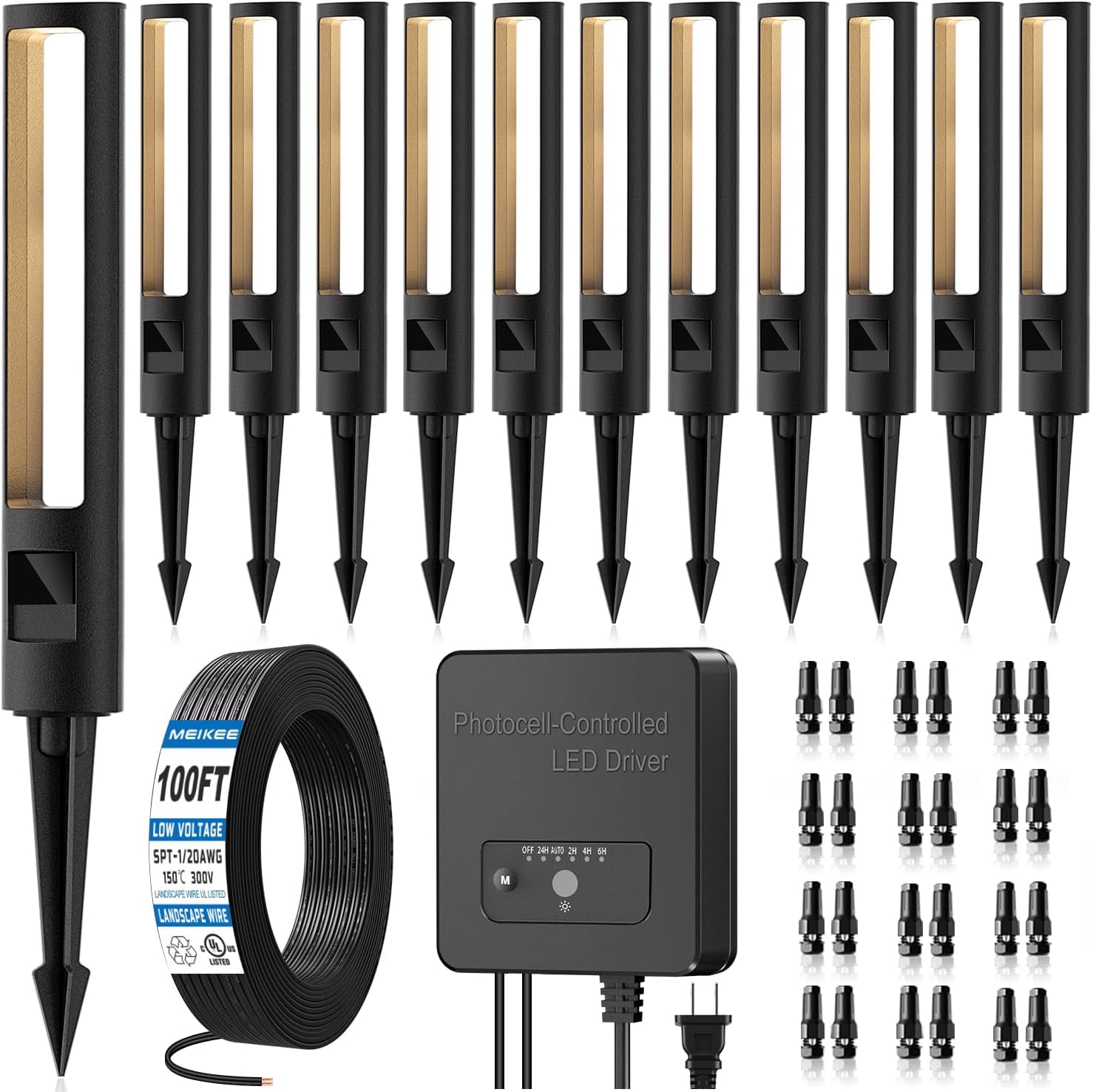 MEIKEE 5W Low Voltage Path Lights, 12-24V Auto On/Off Landscape Lighting with 120W Transformer 100FT Cord, 2700K Warm White, IP66 Waterproof, Aluminum Garden Lights for Pathway, Yard, Lawn 12-Pack
