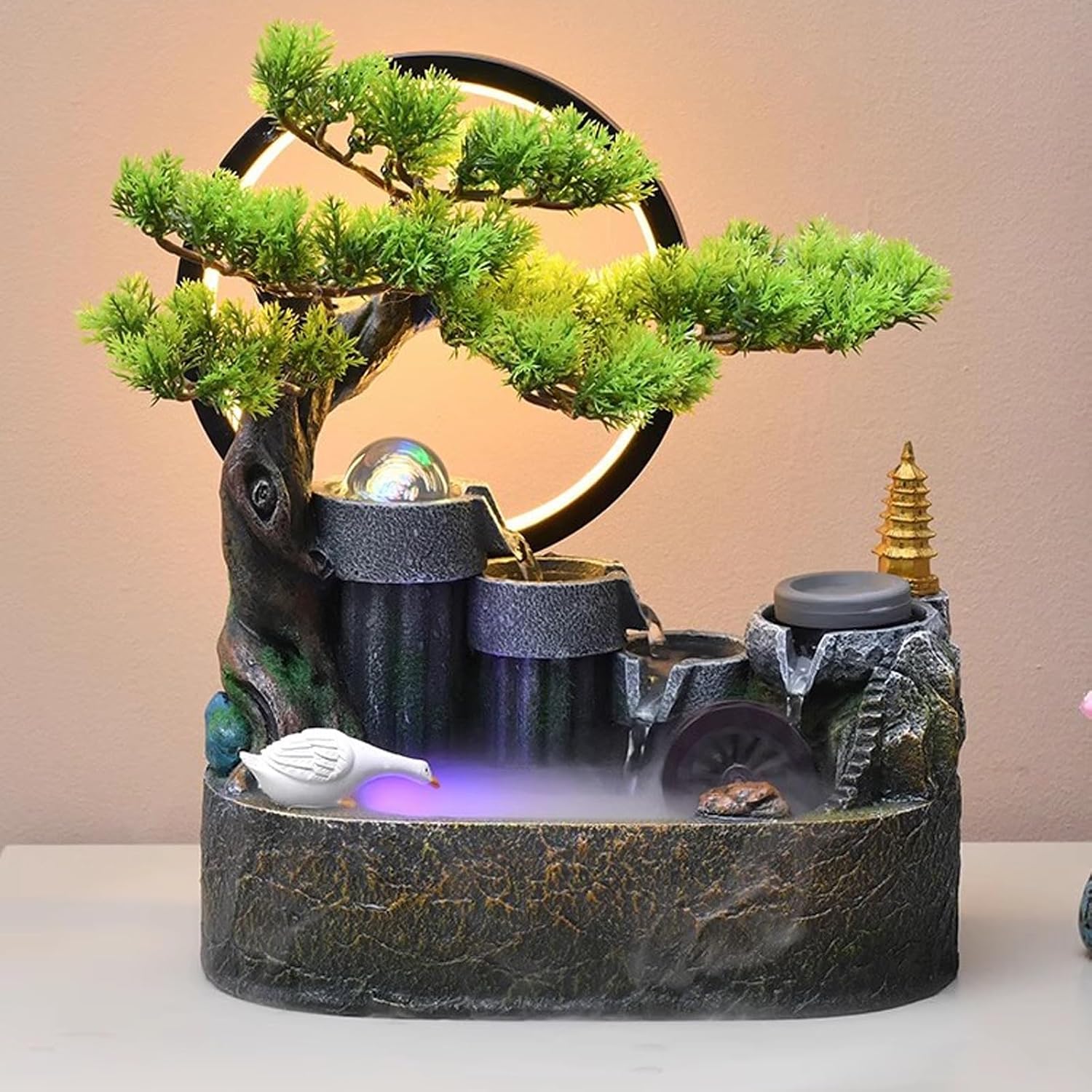 Tabletop Fountain Rockery, Flowing Water Bonsai Circular Mountain Fountain Indoor Entrance Living Room Desktop Feng Shui Wheel Decorations Desktop Fountain Decorations Desktop Fountain ( Size : L )