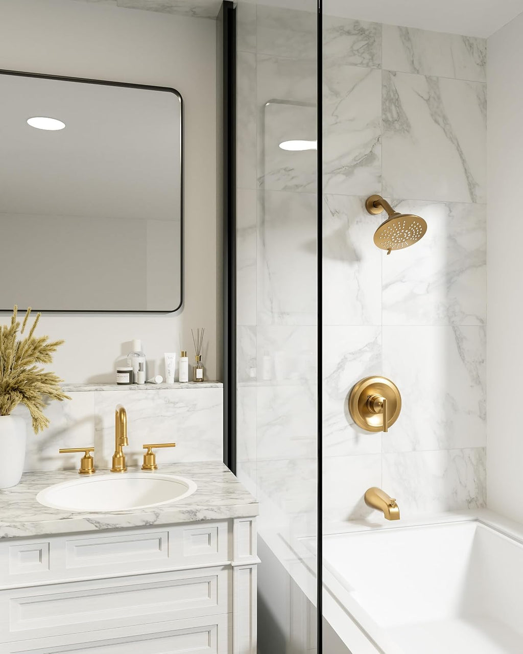 Brushed Gold Bathroom Faucet Set: WOWOW Widespread Bathroom Sink Faucet 3 Hole with Pop-up Drain and Supply Lines, 8 Inch Vanity Taps 3 Pieces Basin Tap 2 Handle Modern (Set of 2)