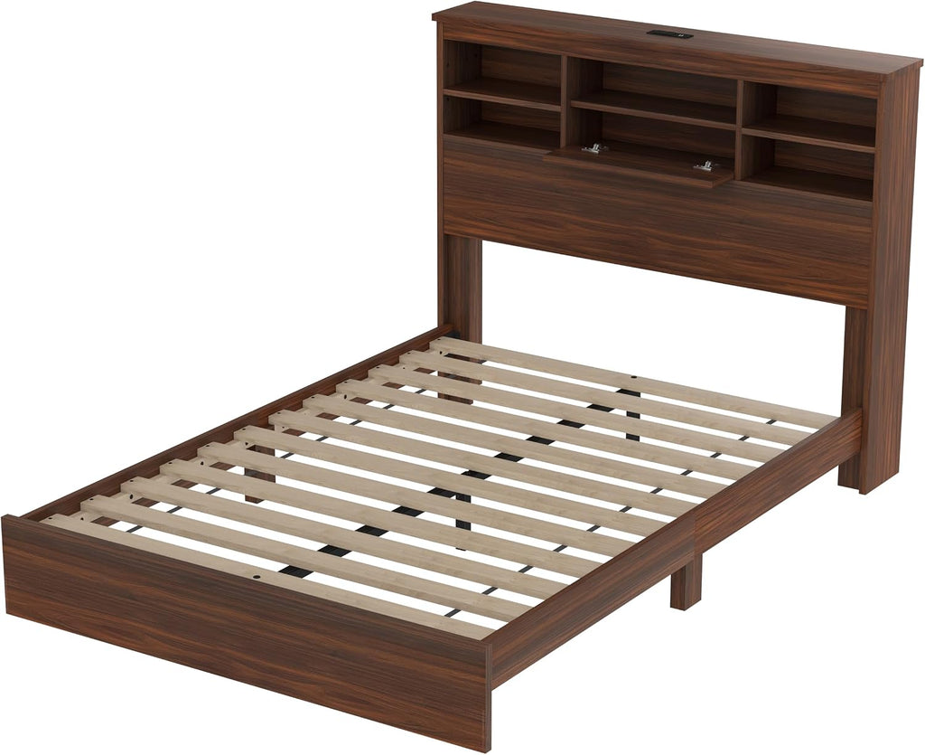 4 Piece Bedroom Furniture Set Farmhouse - Walnut Wood Queen Size Platform Bed Frame with Storage Headboard and Charging Station, Rustic Queen Bedroom Set with 1 Dresser and 2 Nightstand Sets