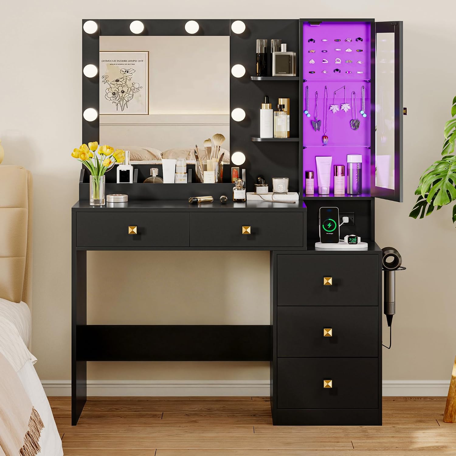 Xixini Vanity Desk with Mirror and Lights, Makeup Vanity Table Set with 5 Storage Drawers, Power Outlet, Small Dressing Table with RGB Ambient Light, Adjustable Brightness for Girls Bedroom, Black