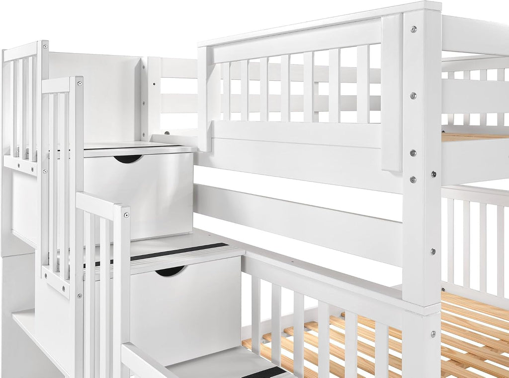 Bedz King Stairway Bunk Beds Full Over Full, 4 Step Drawers, 2 Storage Drawers, White