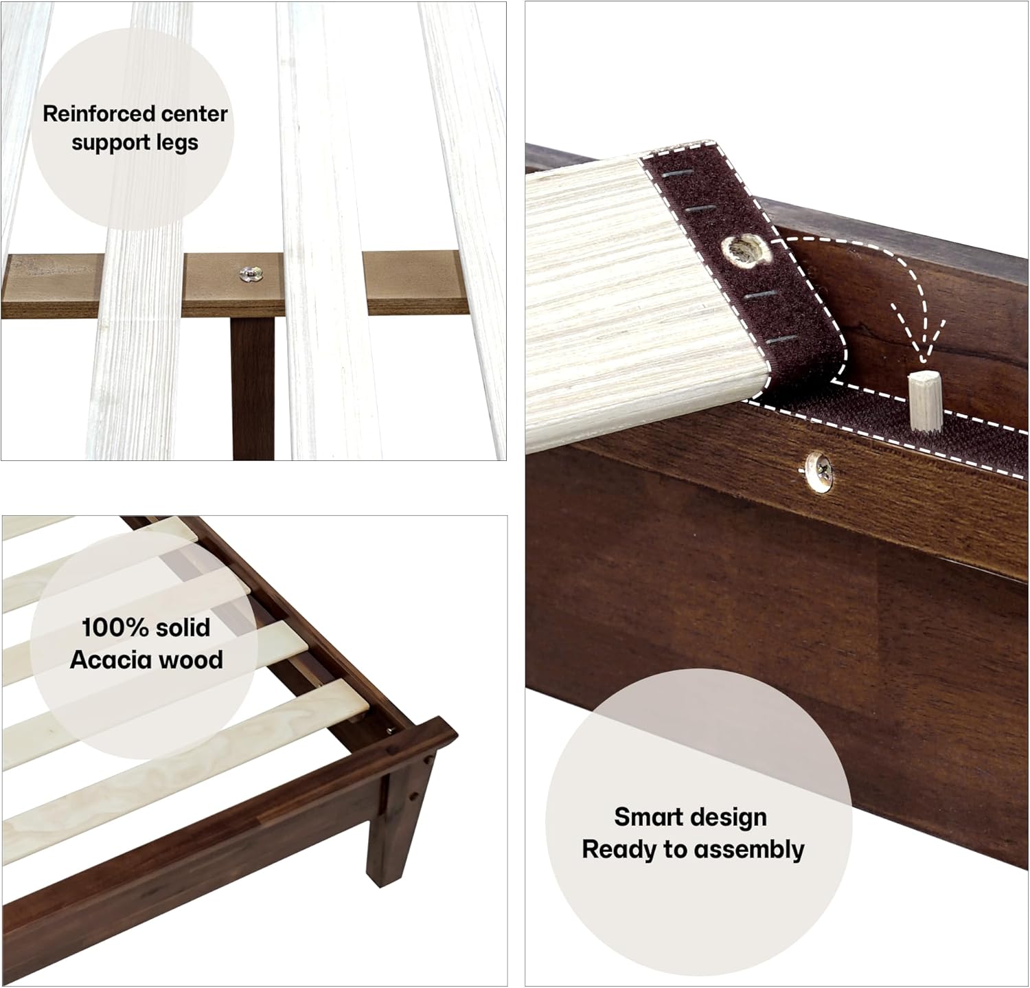 Acacia Kaylin Bed Frame with Headboard Solid Wood Platform Bed, King Bed Frame, Themed Headboard Wood Bed Compatible with All Mattress Types, No Box Spring Needed, Quick & Easy Assembly, Chocolate.