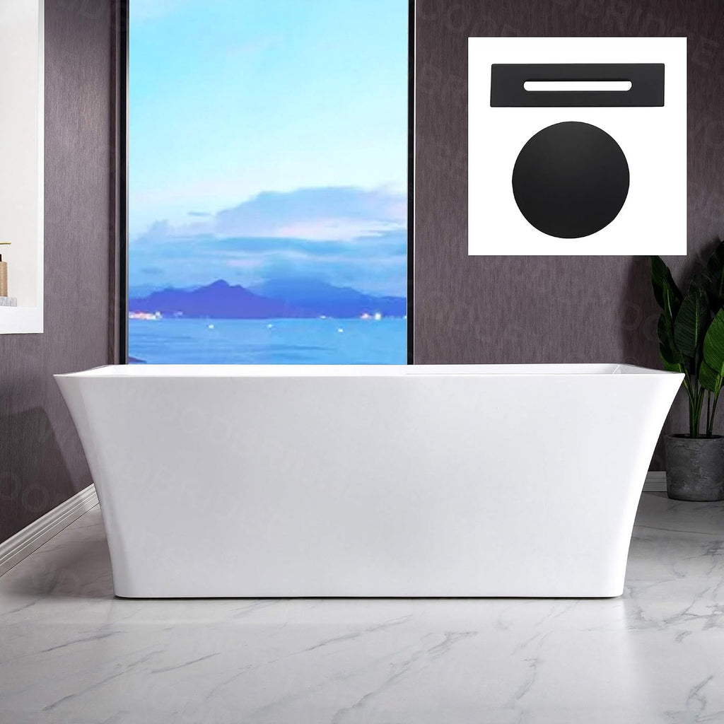 WOODBRIDGE 67' Acrylic Freestanding Bathtub Contemporary Soaking White Tub with Matte Black Overflow and Drain，BTS1609 -MB-Drain &O