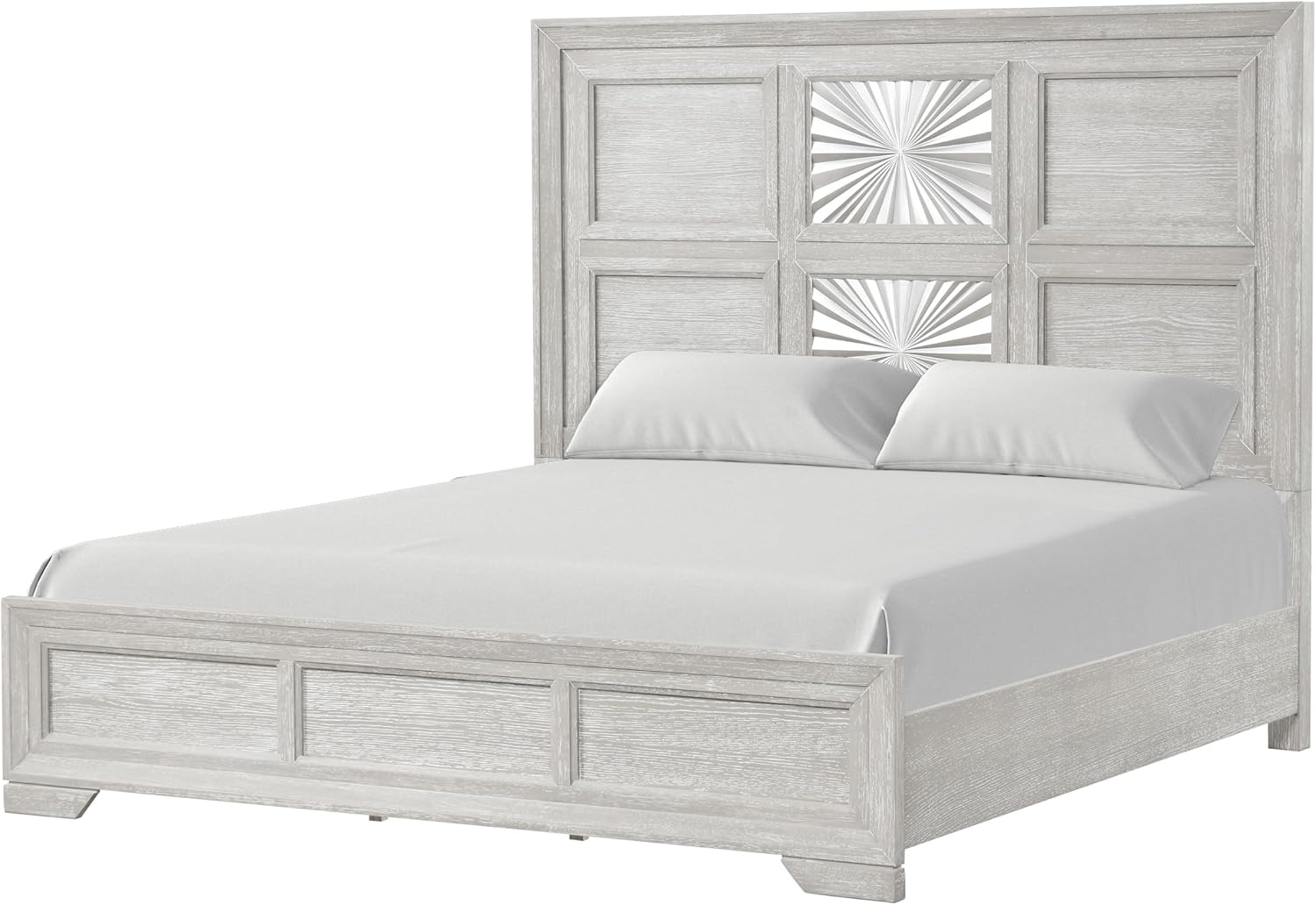 Furniture of America Narella Modern Wood 5-Piece Bedroom Set with Sunburst Pattern, Nickel Brushed Wire Hardware, Felt-Lined Top Drawers, Bracketed Feet, Box Spring Needed, Queen, Light Gray