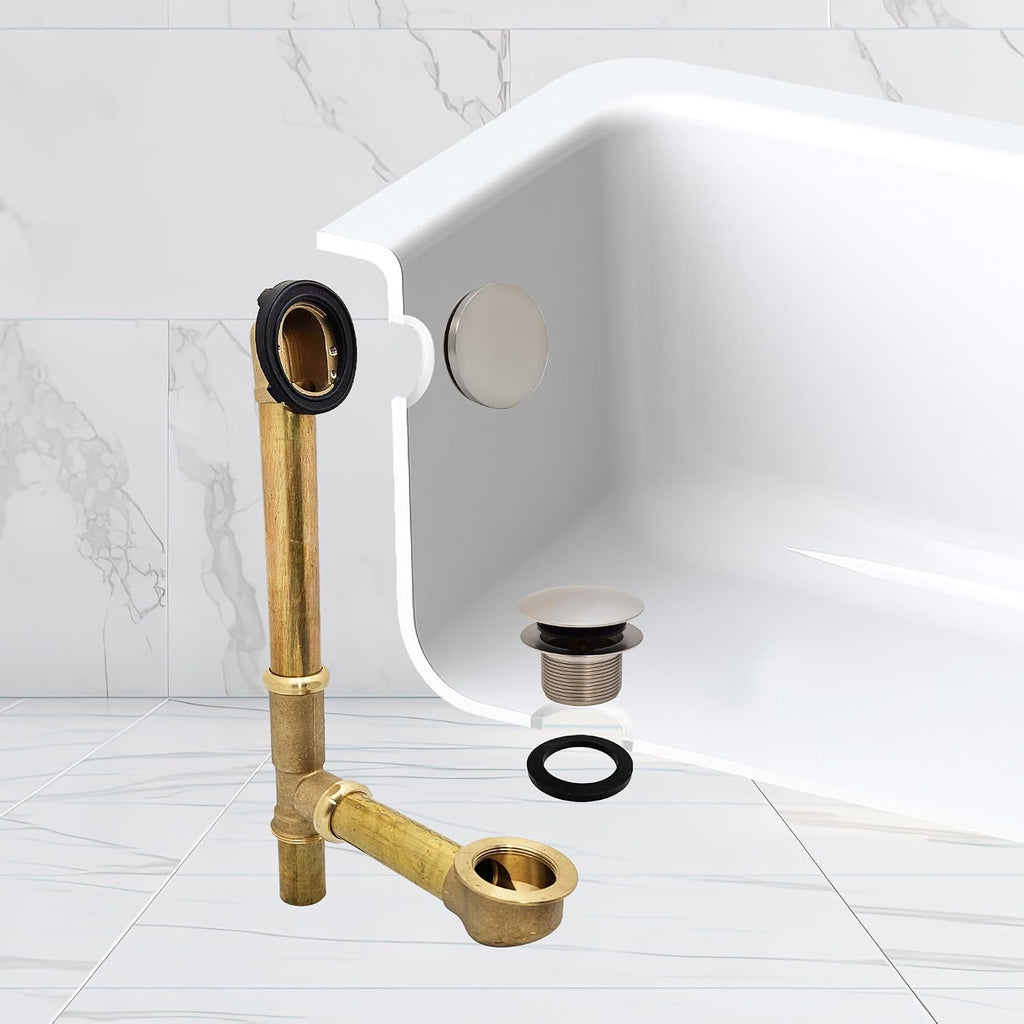 Westbrass A325H-07 14' Brass Bath Waste & Overflow Assembly with European Tip-Toe Drain Plug and Illusionary Faceplate, Satin Nickel