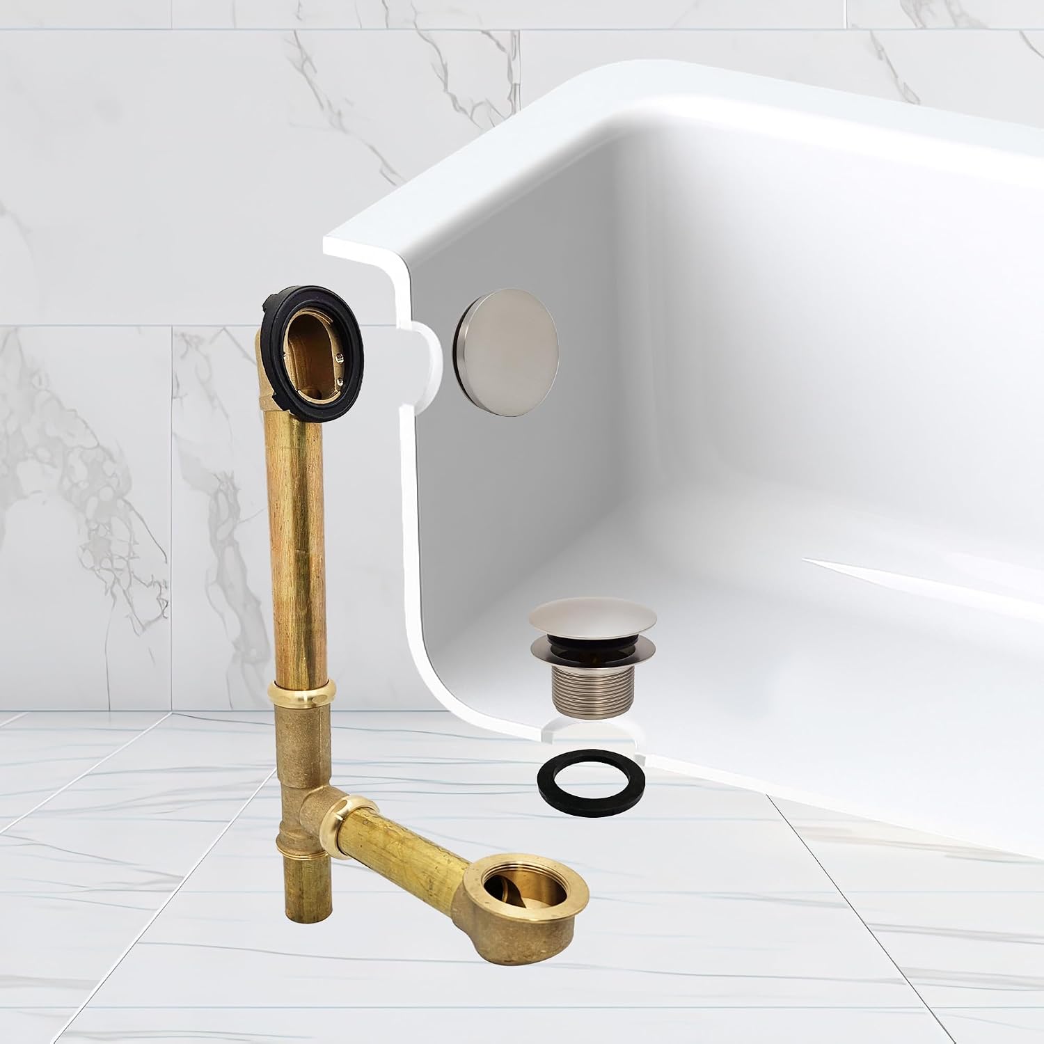 Westbrass A325H-07 14' Brass Bath Waste & Overflow Assembly with European Tip-Toe Drain Plug and Illusionary Faceplate, Satin Nickel
