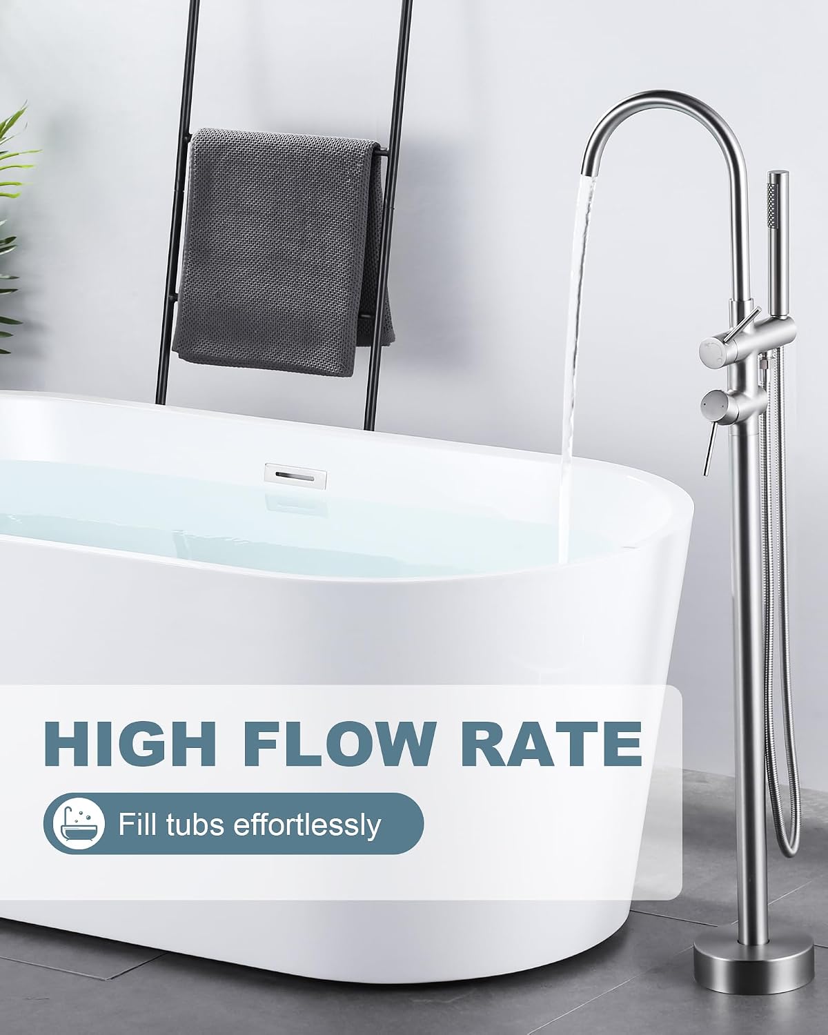 Freestanding Bathtub Faucet Brushed Nickel, Floor Mount Tub Filler, High Flow Brass Shower Faucets with Handheld Sprayer for Bath