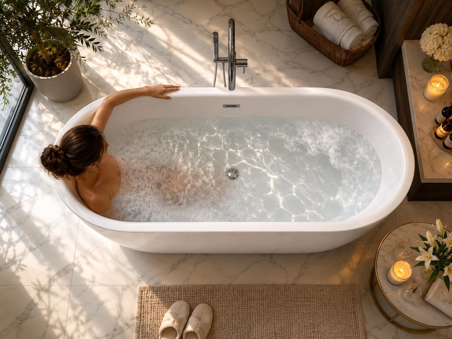 ANZZI Freestanding Bathtub 67 in Acrylic Glossy White Flat Bottom Soaking Tub, Ami Series One-Piece, Center Drain, Polished Chrome Overflow, Slip-Resistant Floor, Leveling Adjustable Feet | FT-AZ401