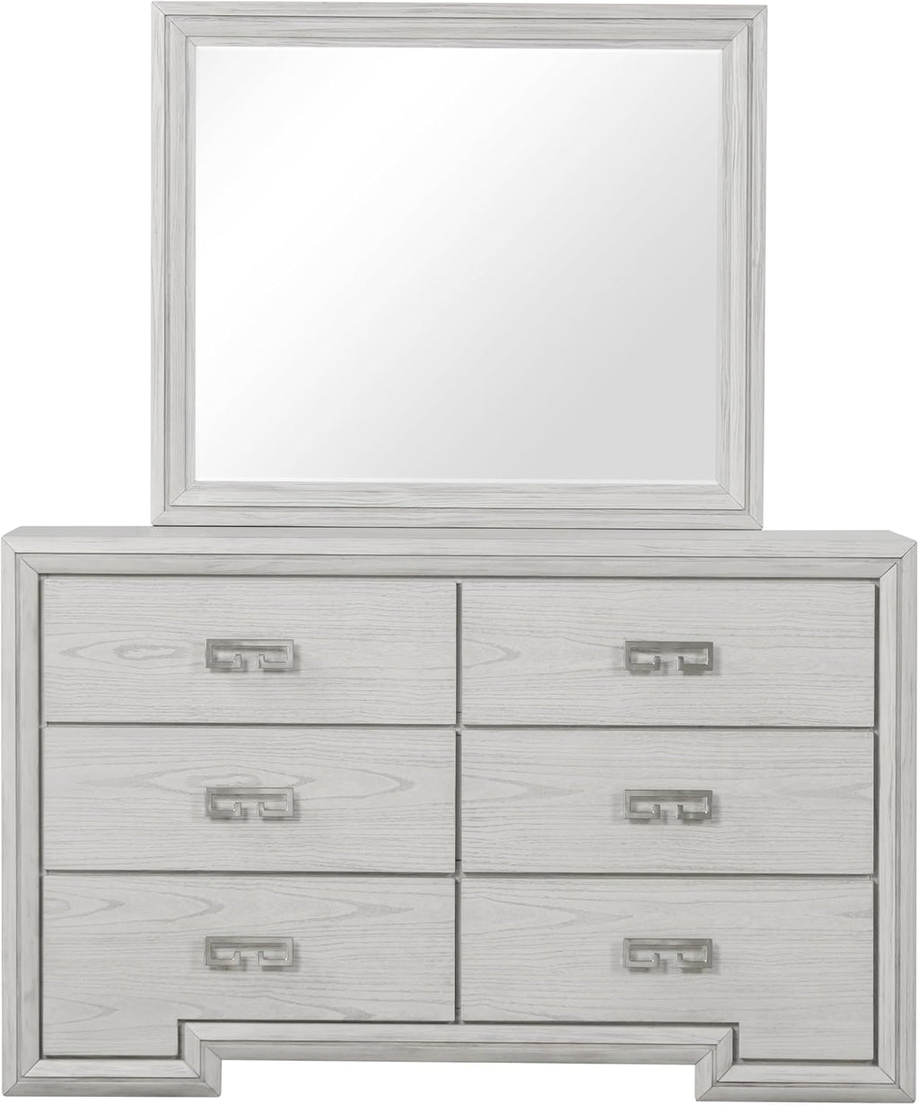 Furniture of America Babsi Modern Wood 5-Piece Bedroom Set with Greek Key Pull, USB Chargers on Nightstand, Felt-Lined Top & Cedarwood-Lined Bottom Drawers, Box Spring Needed, Queen, Rustic White