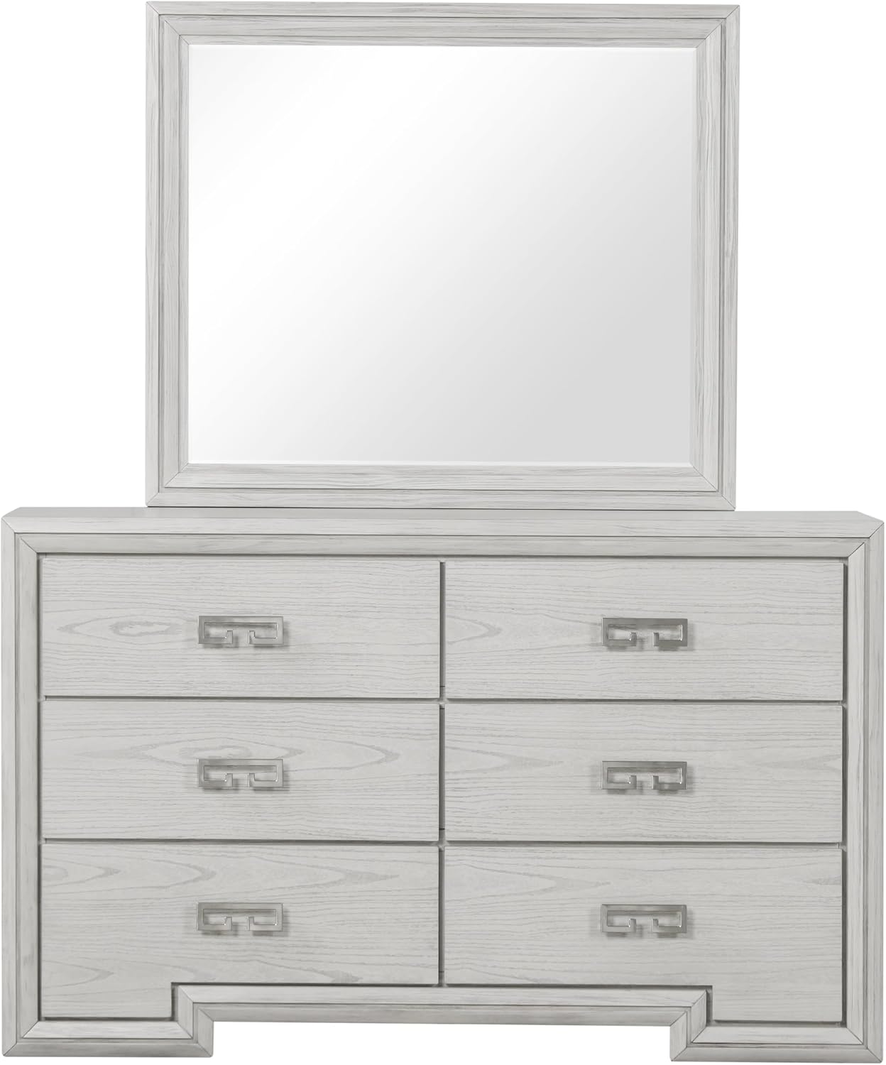 Furniture of America Babsi Modern Wood 5-Piece Bedroom Set with Greek Key Pull, USB Chargers on Nightstand, Felt-Lined Top & Cedarwood-Lined Bottom Drawers, Box Spring Needed, Queen, Rustic White
