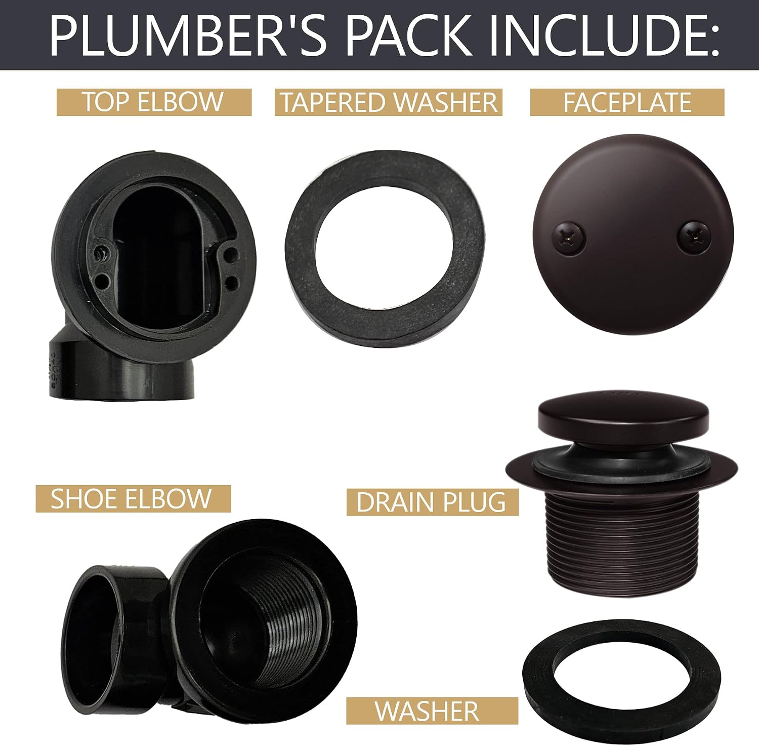 Westbrass D534-5-12 SCH. 40 ABS 1-1/2' Course Thread Plumber's Pack Tip-Toe Bathtub Drain Plug with Two-Hole Elbows, 5-Pack, Oil Rubbed Bronze, 5 Count