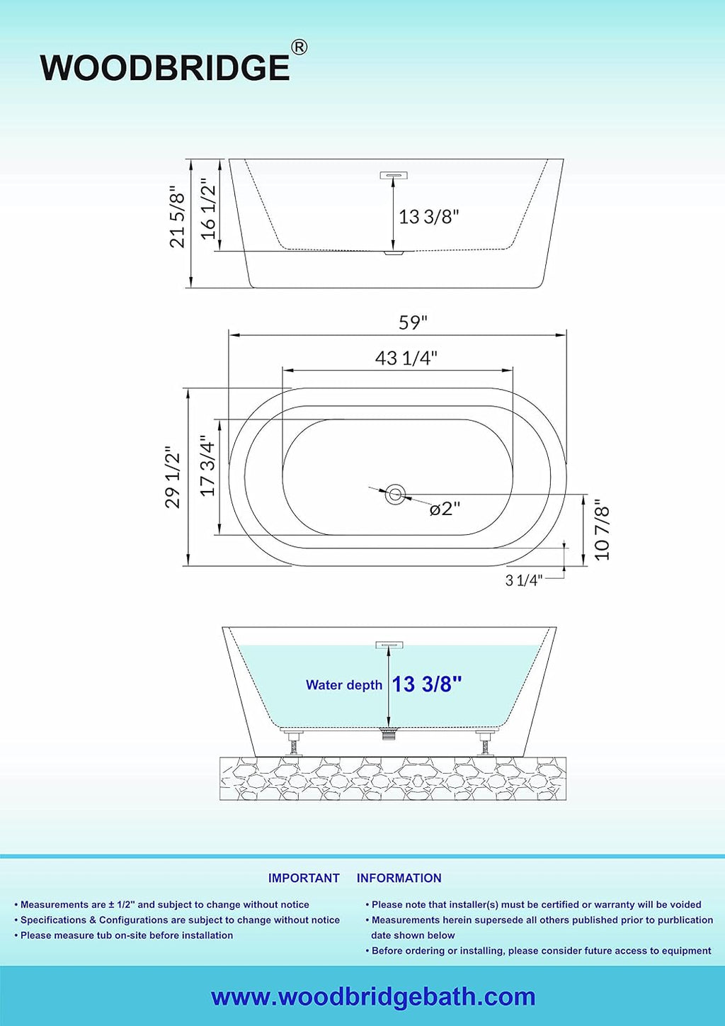 WOODBRIDGE 59' Acrylic Freestanding Bathtub Contemporary Soaking White Tub with Oil Rubbed Bronze Overflow and Drain, B0012-ORB-Drain &O