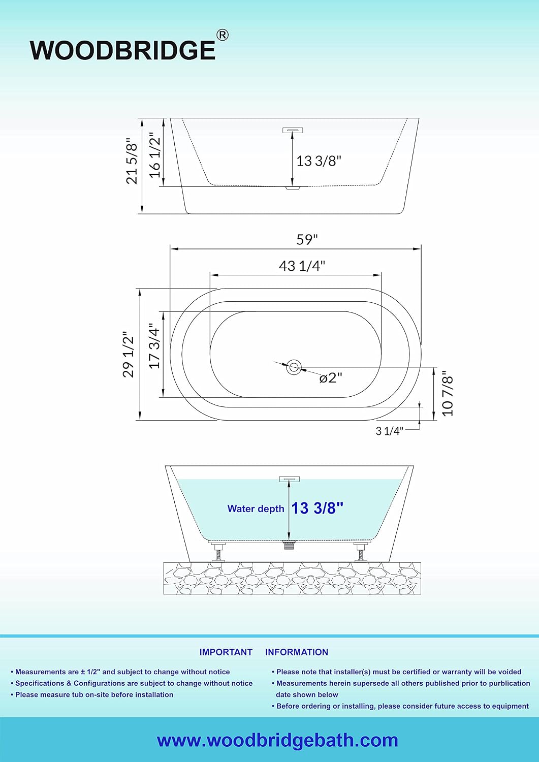 WOODBRIDGE 59' Acrylic Freestanding Bathtub Contemporary Soaking Tub, White Acrylic (Chrome Drain/Overflow),B0012 C-Drain &O