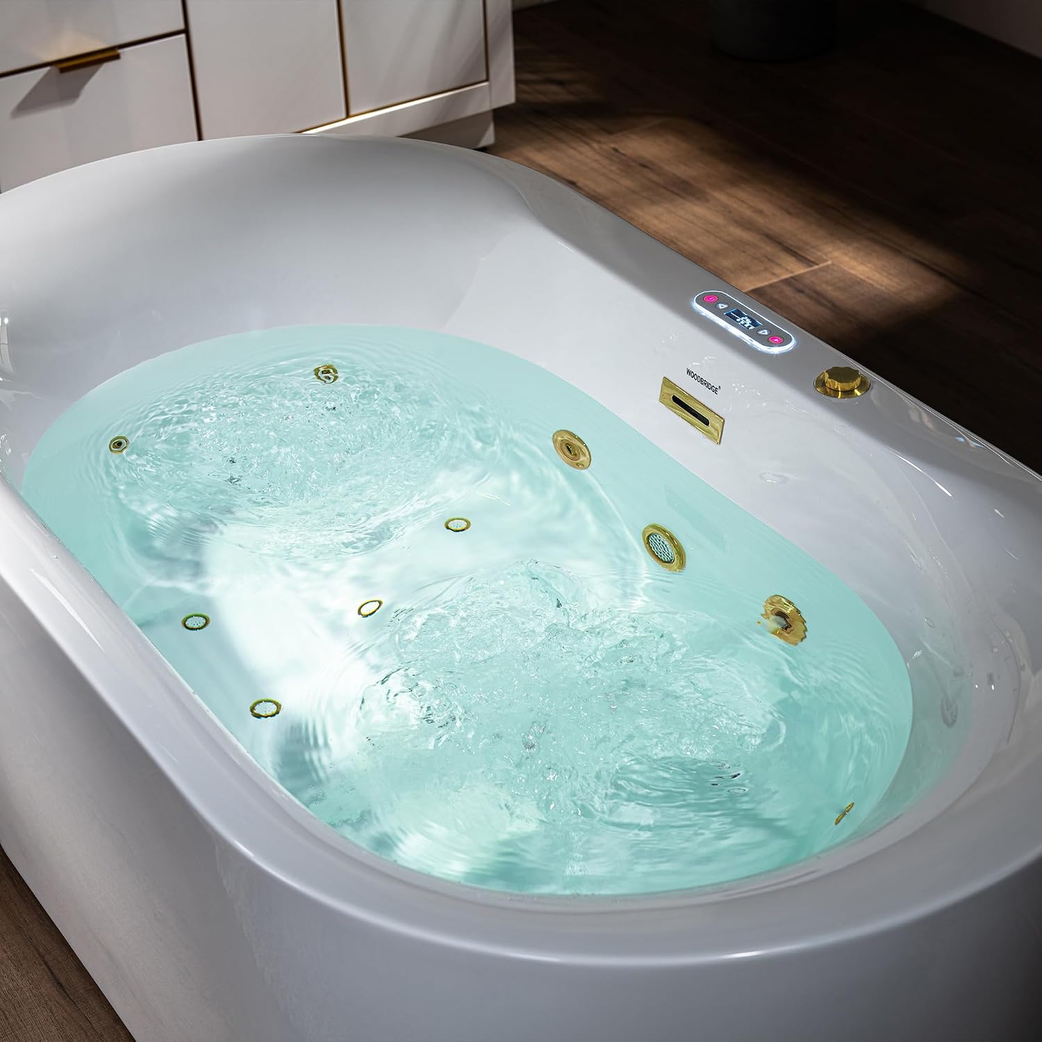 WOODBRIDGE 59' x 31-1/2' Whirlpool and Air Bath Heated Soaking Combination Tub with Adjustable Speed Air Blower and Display Control Panel, Brushed Gold Finish Trim and Drain Kit,BG100