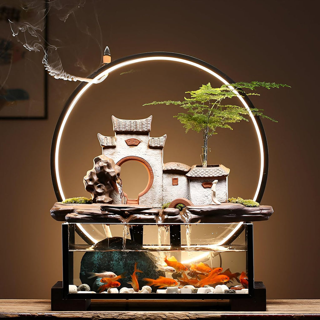 Desktop Ceramic Water Fountain Fish Tank - Adjustable Water Flow with LED Lights | Indoor Decoration Fortune Gifts+15 PCS Free Crystals (Style 3)