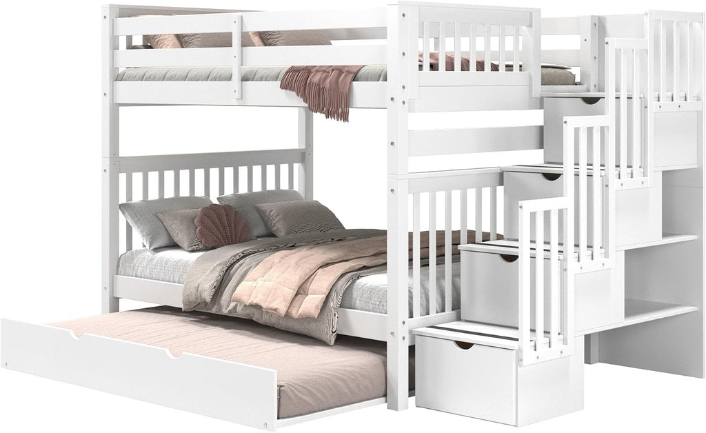 Bedz King Stairway Bunk Beds Full Over Full, 4 Step Drawers, Full Trundle, White