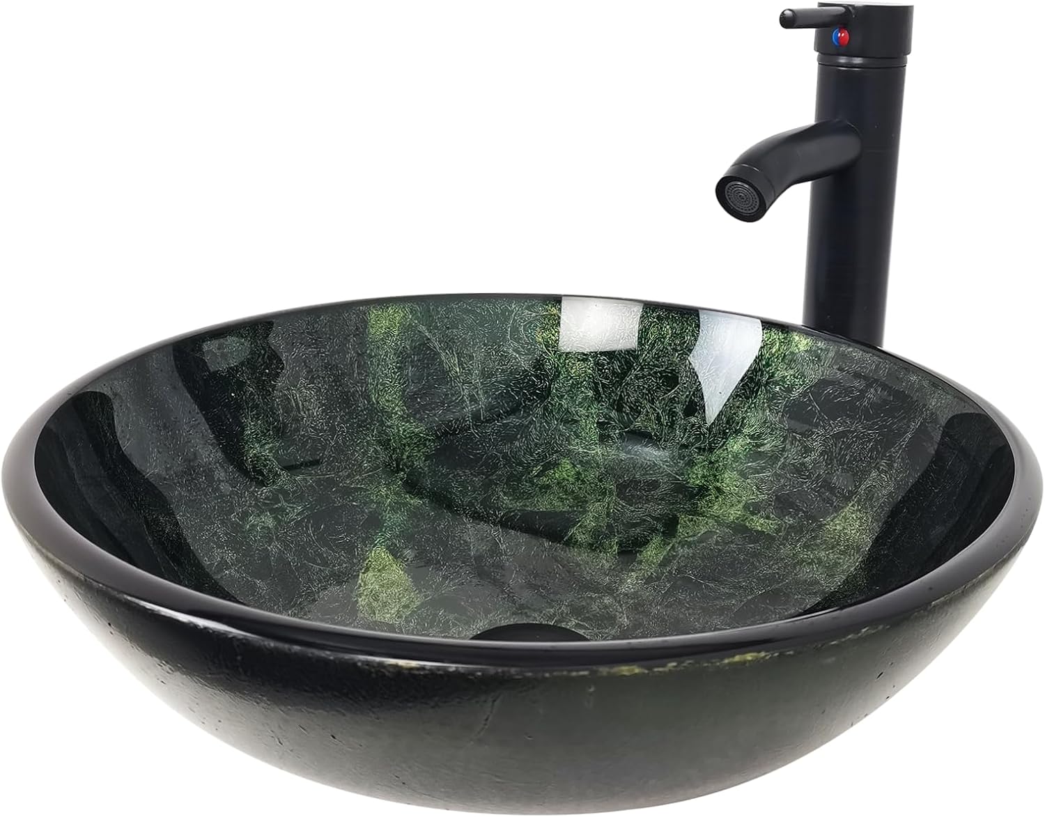 Vessel Sink 16.5' Bathroom Sinks Tempered Glass Green Art Basin Round Bowl with Faucet Combo Green,Countertop Bowl Sink for Lavatory Vanity Cabinet