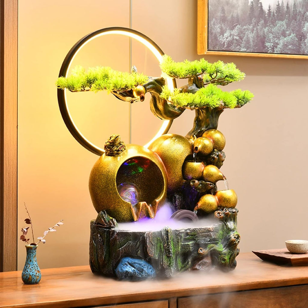 Tabletop Fountain Tabletop Water Fountain Resin Relaxation Meditation Desktop with Golden Gourd and Artificial Bonsai Design, Indoor Waterfall Feature for Home Office Decor(Large)