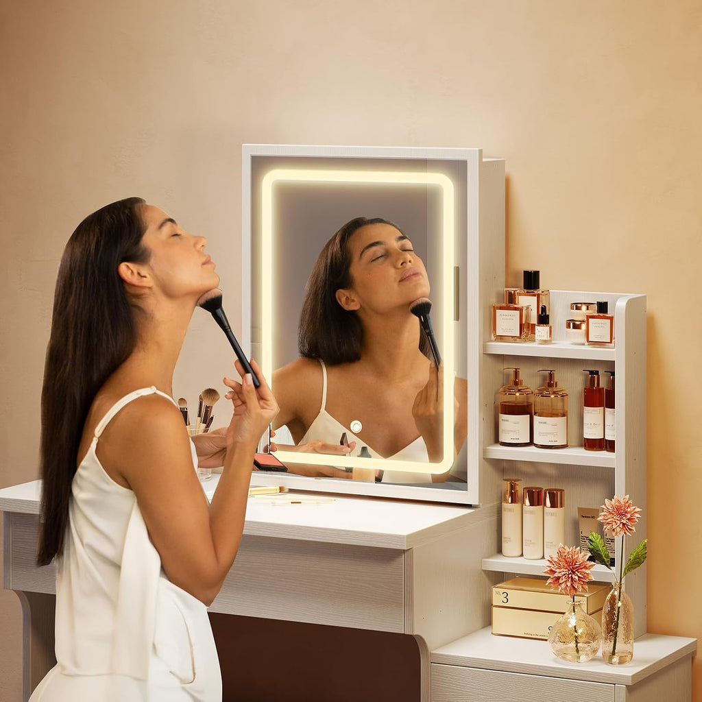 Memobarco Vanity Desk with Mirror and Lights, Makeup Vanity with 3 Adjustable Lighting Modes, Small Vanity Desk with Sliding Mirror, 4 Drawers, 7 Shelves, Vanity Chair for Bedroom White