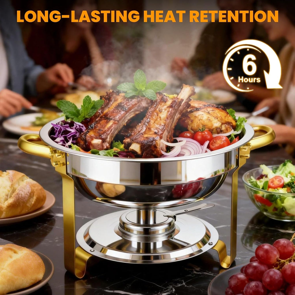 ALSO GO Round Chafing Dishes for Buffet with 4 Serving Tongs, 4 Pack 6QT Chafing Dishes Buffet Set, Golden Stainless Steel Catering Food Warmer for for Party, Gathering, Banquet, Wedding
