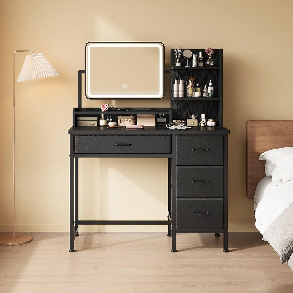 YeTom Vanity Desk with Mirror and Lights, Makeup Vanity Desk with 4 Fabric Drawers & Storage Shelves & Side Table, 3 Color Modes & Adjustable Brightness, Black Vanity, Bedroom Furniture